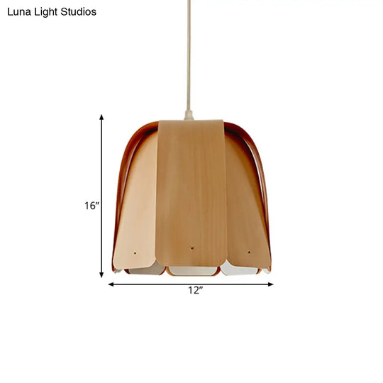 Scalloped Wood Strap Pendant Single Head Ceiling Light In Beige - Asian Style For Bistro