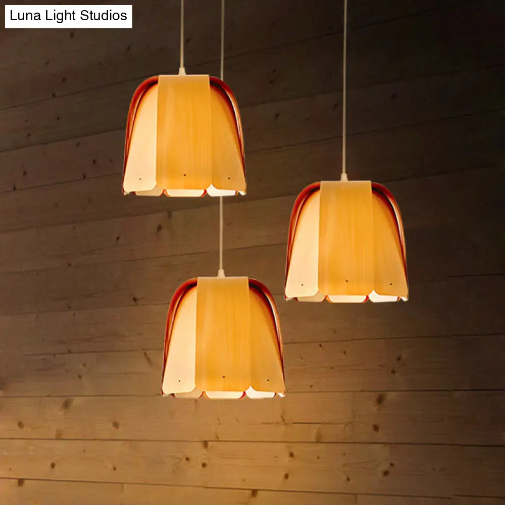 Scalloped Wood Strap Pendant Single Head Ceiling Light In Beige - Asian Style For Bistro