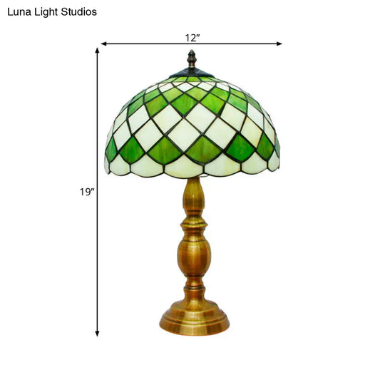 Classic Green Hand Cut Glass Nightstand Lamp With Grid Pattern - Single Bulb Dome Desk Light