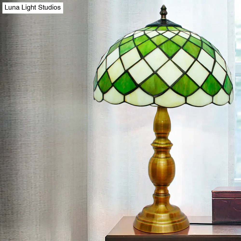 Classic Green Hand Cut Glass Nightstand Lamp With Grid Pattern - Single Bulb Dome Desk Light