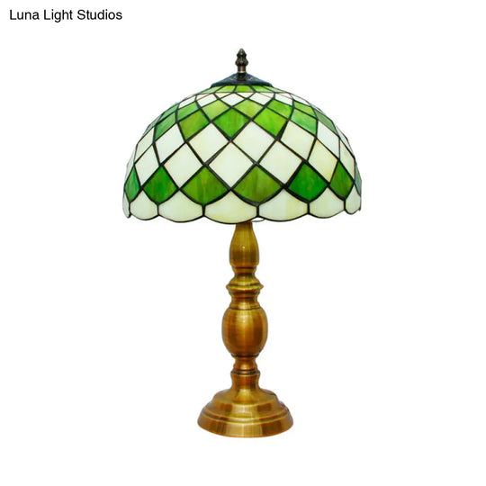 Classic Green Hand Cut Glass Nightstand Lamp With Grid Pattern - Single Bulb Dome Desk Light