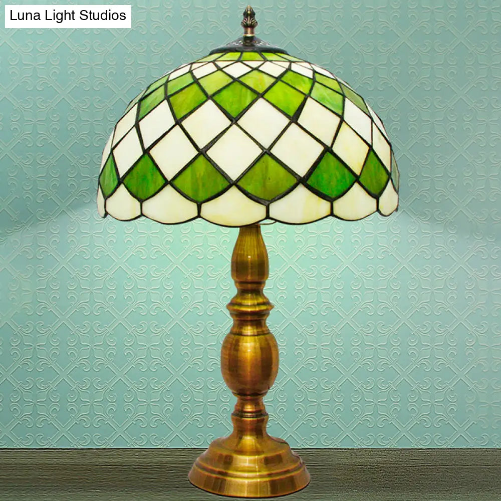 Classic Green Hand Cut Glass Nightstand Lamp With Grid Pattern - Single Bulb Dome Desk Light