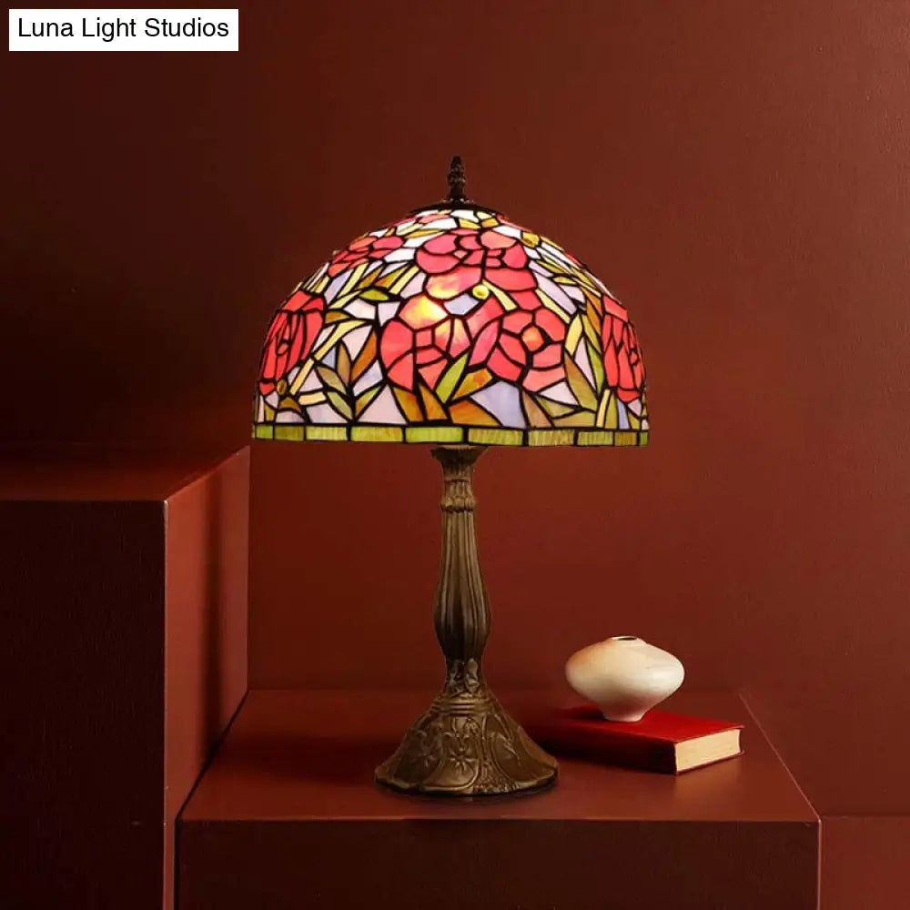 Tiffany Stained Art Glass Rose Pattern Night Lamp - Red/Orange Bowl Table Lighting For Bedroom Red