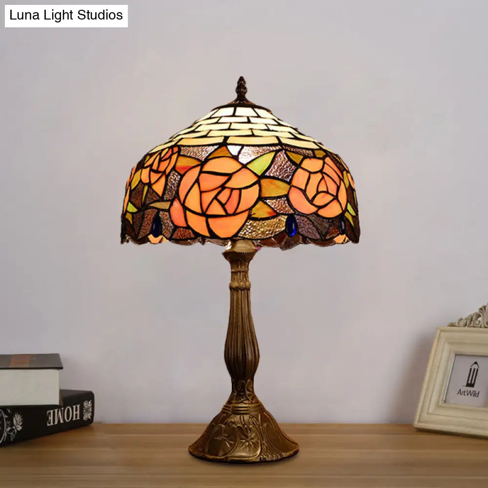 Tiffany Stained Art Glass Rose Pattern Night Lamp - Red/Orange Bowl Table Lighting For Bedroom