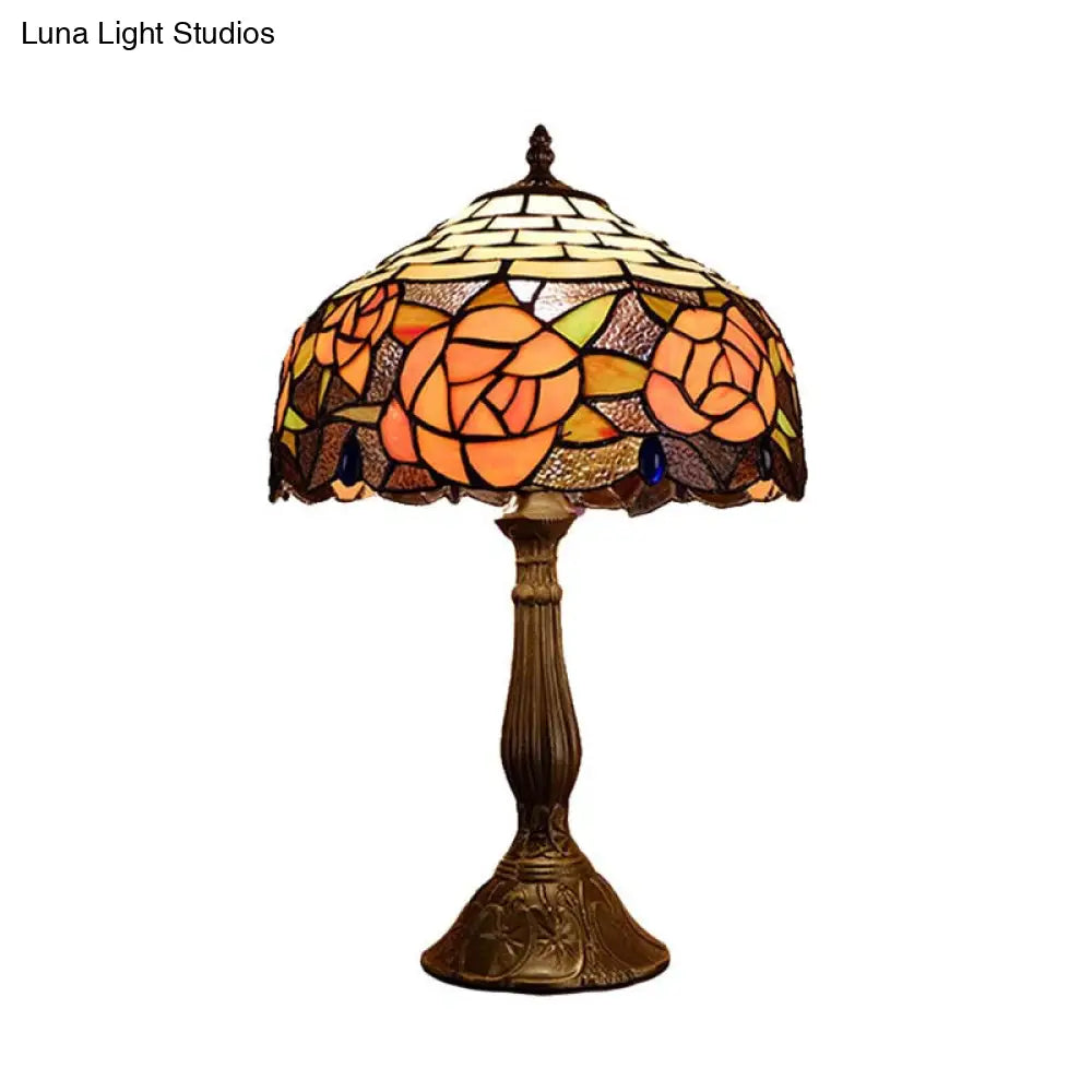 Tiffany Stained Art Glass Rose Pattern Night Lamp - Red/Orange Bowl Table Lighting For Bedroom