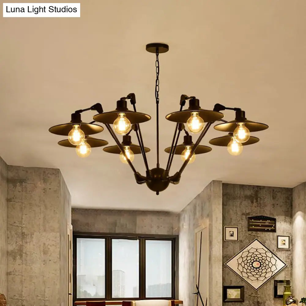 Scheddi - Antiqued Flat Chandelier Lighting 6/8 Bulbs Metal Rotatable Ceiling Pendant Lamp In Black