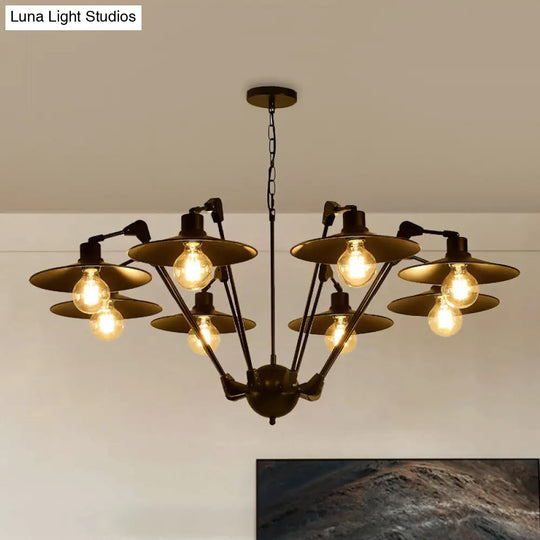 Scheddi - Antiqued Flat Chandelier Lighting 6/8 Bulbs Metal Rotatable Ceiling Pendant Lamp In Black