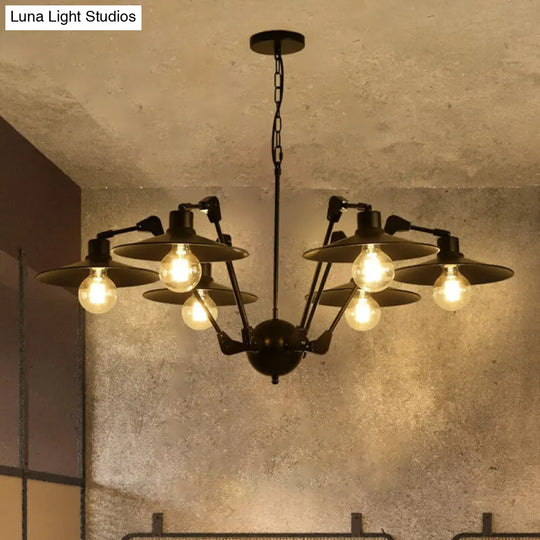 Scheddi - Antiqued Flat Chandelier Lighting 6/8 Bulbs Metal Rotatable Ceiling Pendant Lamp In Black