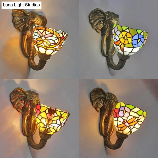 Sconce Lighting With Elephant Design And Lodge Style Stained Glass In Brass - Bowl Wall Lamp Floral