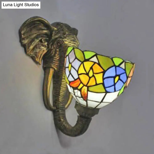 Sconce Lighting With Elephant Design And Lodge Style Stained Glass In Brass - Bowl Wall Lamp Floral