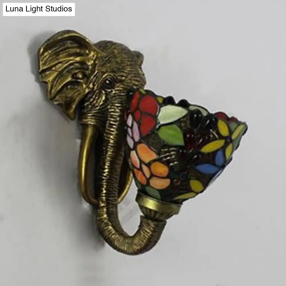 Sconce Lighting With Elephant Design And Lodge Style Stained Glass In Brass - Bowl Wall Lamp Floral