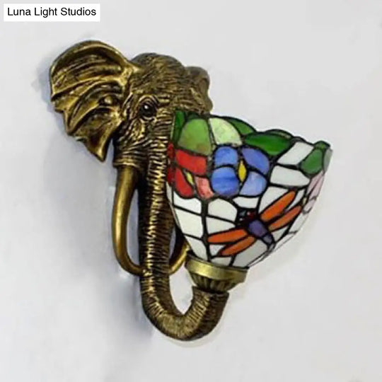 Sconce Lighting With Elephant Design And Lodge Style Stained Glass In Brass - Bowl Wall Lamp Floral