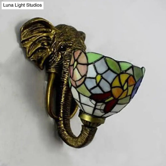 Sconce Lighting With Elephant Design And Lodge Style Stained Glass In Brass - Bowl Wall Lamp Floral