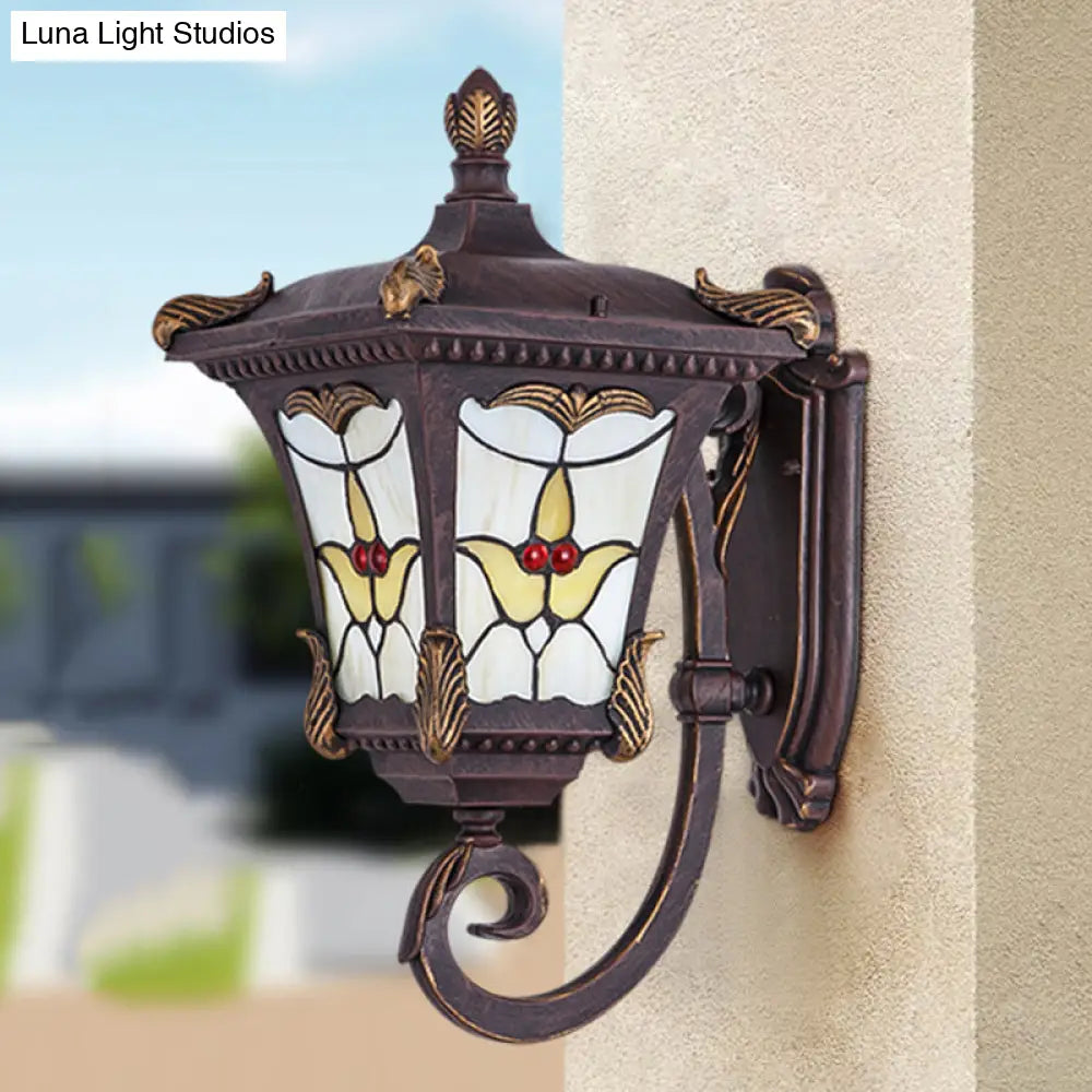 Scrolled Arm Bronze Rust Red Wall Mounted Sconce With Flower Pattern Country Metal Light For