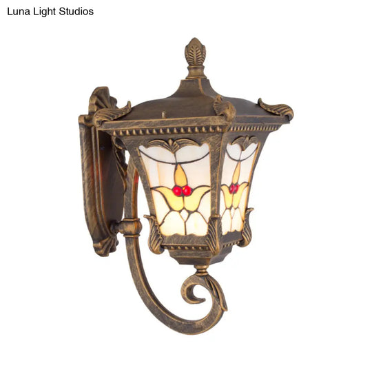 Scrolled Arm Bronze Rust Red Wall Mounted Sconce With Flower Pattern Country Metal Light For