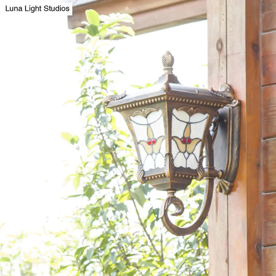 Scrolled Arm Bronze Rust Red Wall Mounted Sconce With Flower Pattern Country Metal Light For