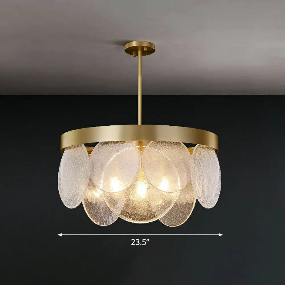 Seeded Glass Disc Chandelier With Brass Finish: 3-Light Pendant For Postmodern Living Room