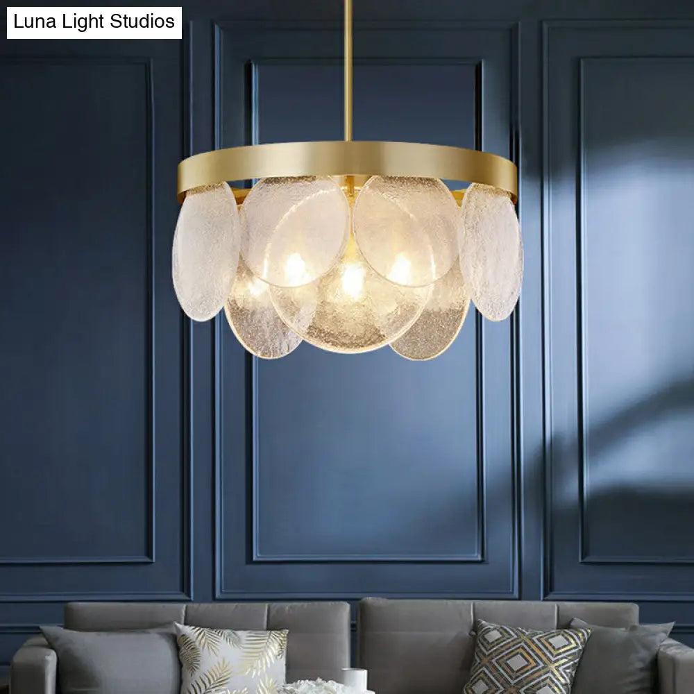 Seeded Glass Disc Chandelier With Brass Finish: 3-Light Pendant For Postmodern Living Room