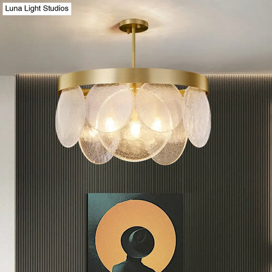 Seeded Glass Disc Chandelier With Brass Finish: 3-Light Pendant For Postmodern Living Room