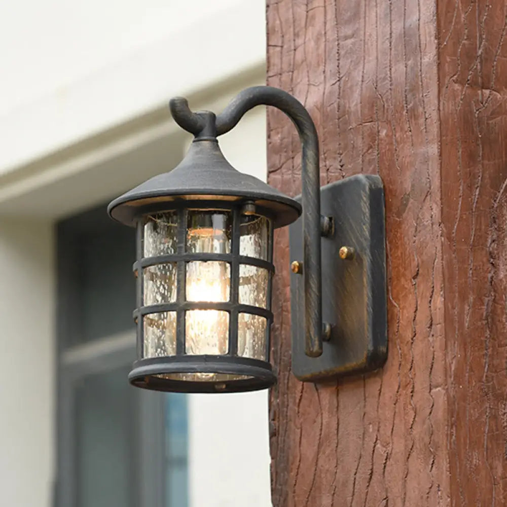 Seeded Glass Lantern Wall Lamp - Countryside Outdoor Light (Bronze/Black) Bronze