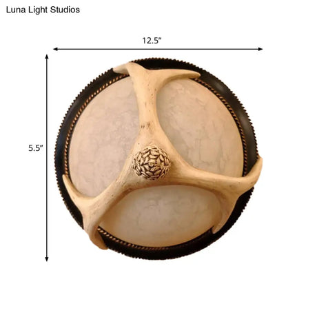 Semi - Ball Flush Mount 2 - Head Ceiling Light With Classic Wood Resin And Antler Deco - Ideal For
