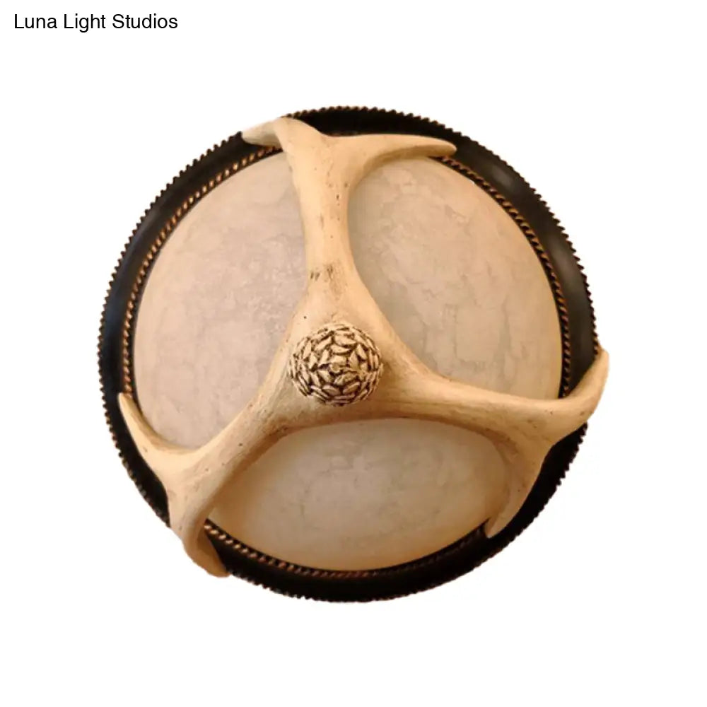 Semi - Ball Flush Mount 2 - Head Ceiling Light With Classic Wood Resin And Antler Deco - Ideal For