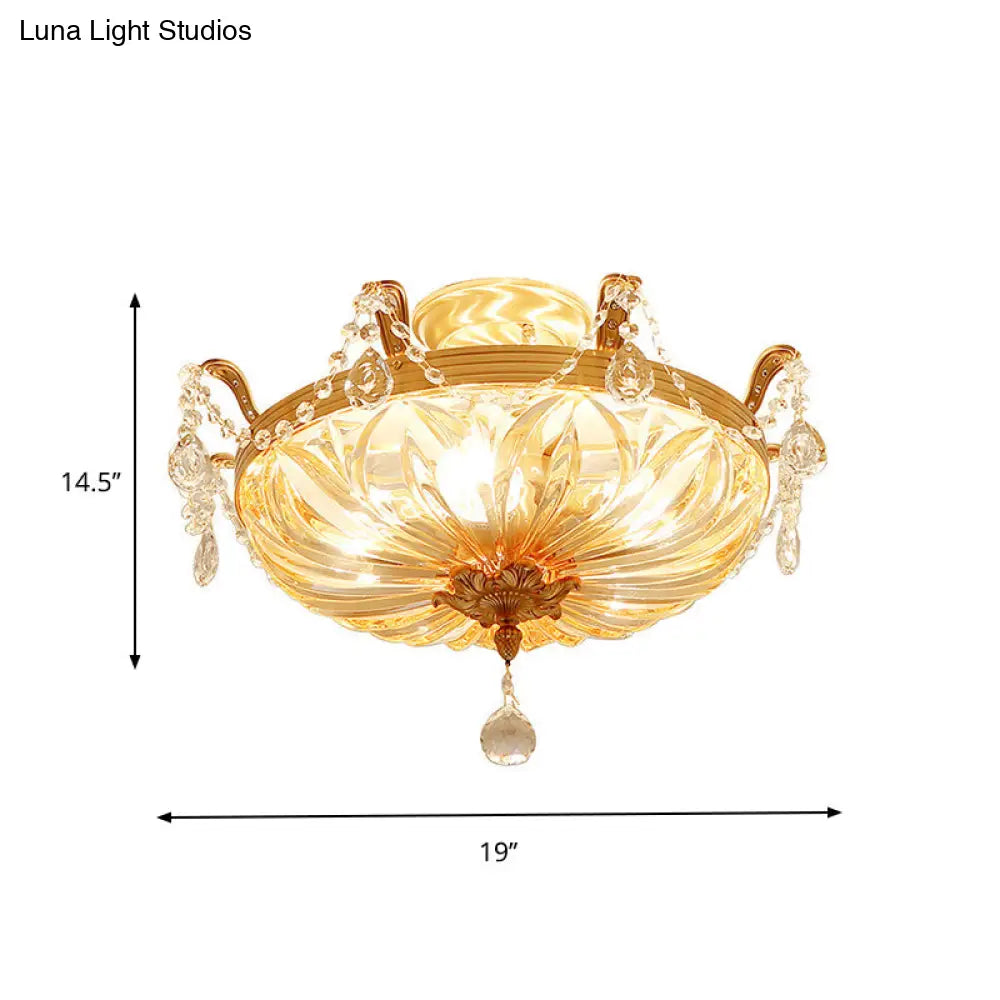 Semi Flush Amber Crystal Glass Brass 5 - Bulb Modern Light Fixture For Bedroom