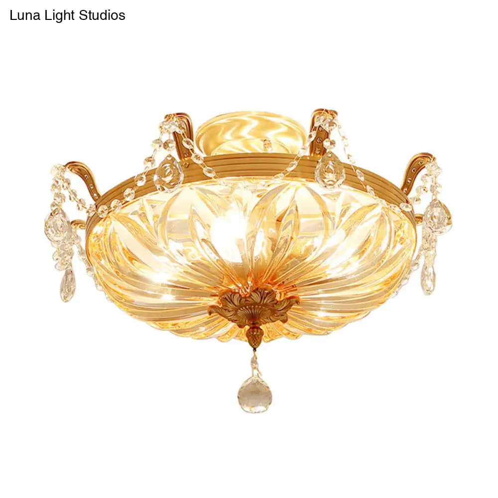 Semi Flush Amber Crystal Glass Brass 5 - Bulb Modern Light Fixture For Bedroom