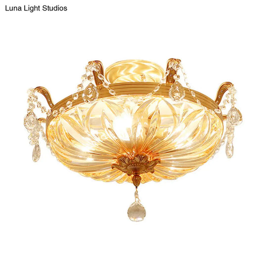 Semi Flush Amber Crystal Glass Brass 5 - Bulb Modern Light Fixture For Bedroom