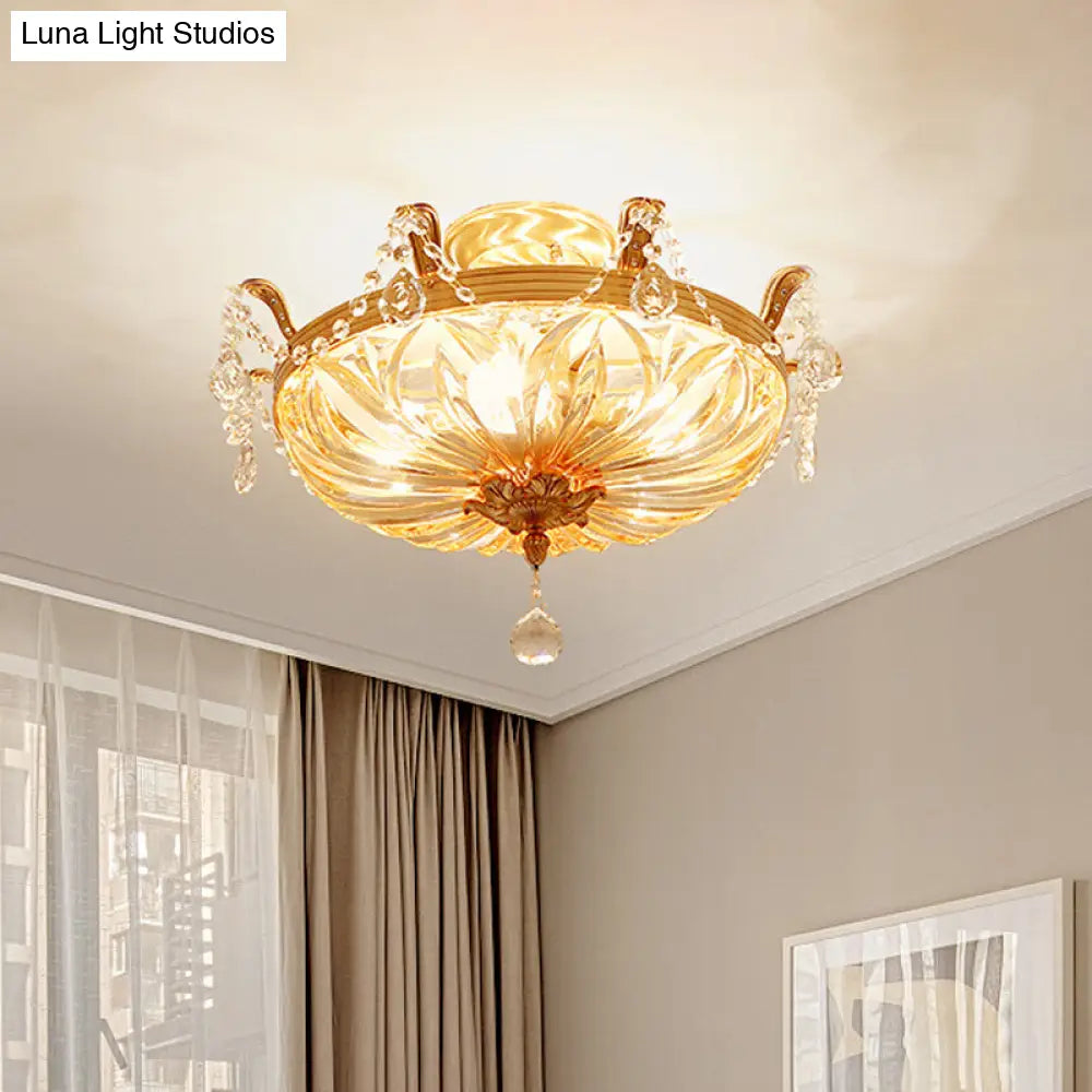 Semi Flush Amber Crystal Glass Brass 5-Bulb Modern Light Fixture For Bedroom