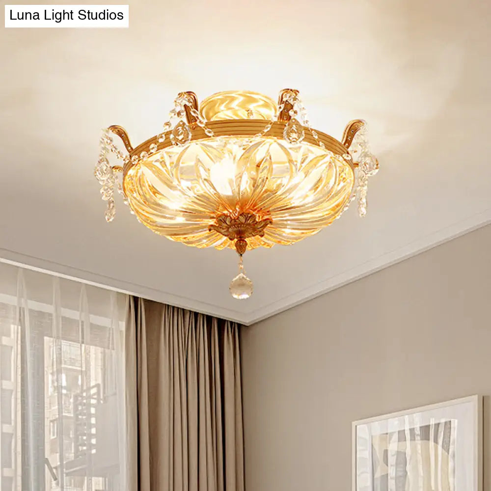 Semi Flush Amber Crystal Glass Brass 5 - Bulb Modern Light Fixture For Bedroom