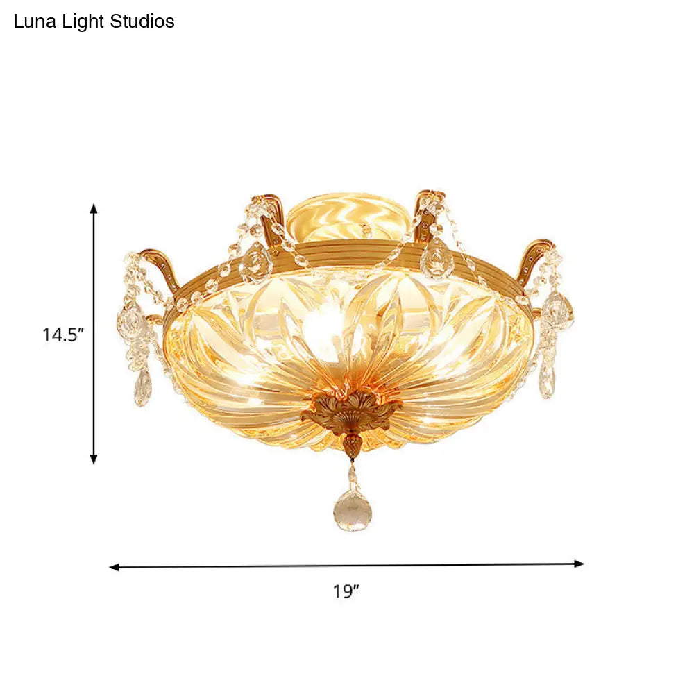 Semi Flush Amber Crystal Glass Brass 5-Bulb Modern Light Fixture For Bedroom