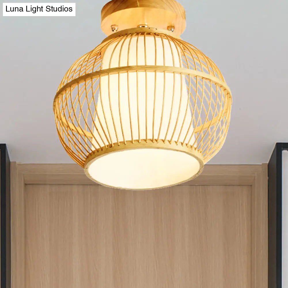 Semi Flush Asian Ceiling Light With Bamboo Shade - Wood Finish