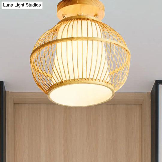 Semi Flush Asian Ceiling Light With Bamboo Shade - Wood Finish