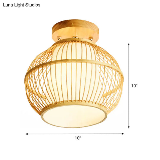 Semi Flush Asian Ceiling Light With Bamboo Shade - Wood Finish