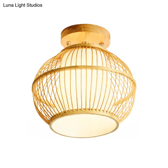 Semi Flush Asian Ceiling Light With Bamboo Shade - Wood Finish