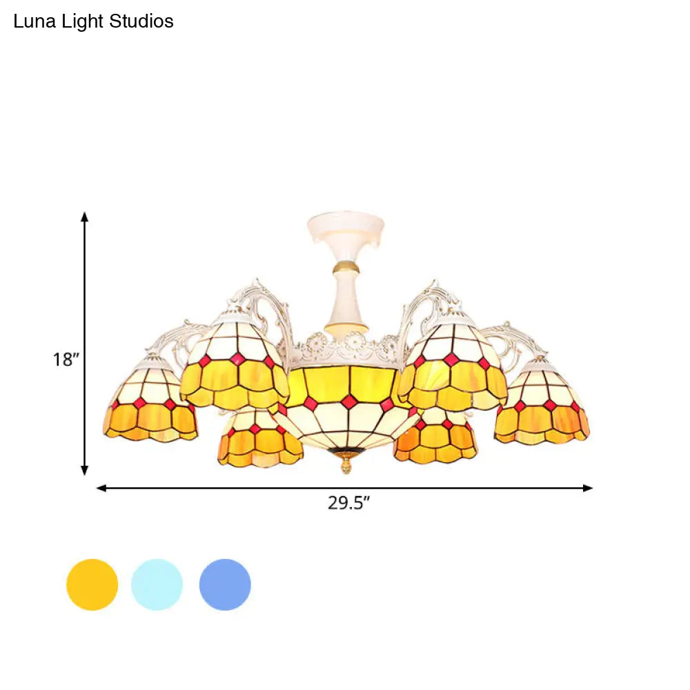 Baroque Grid Semi Flush Ceiling Light With Cut Glass In Blue/Orange/Light Blue For Living Room