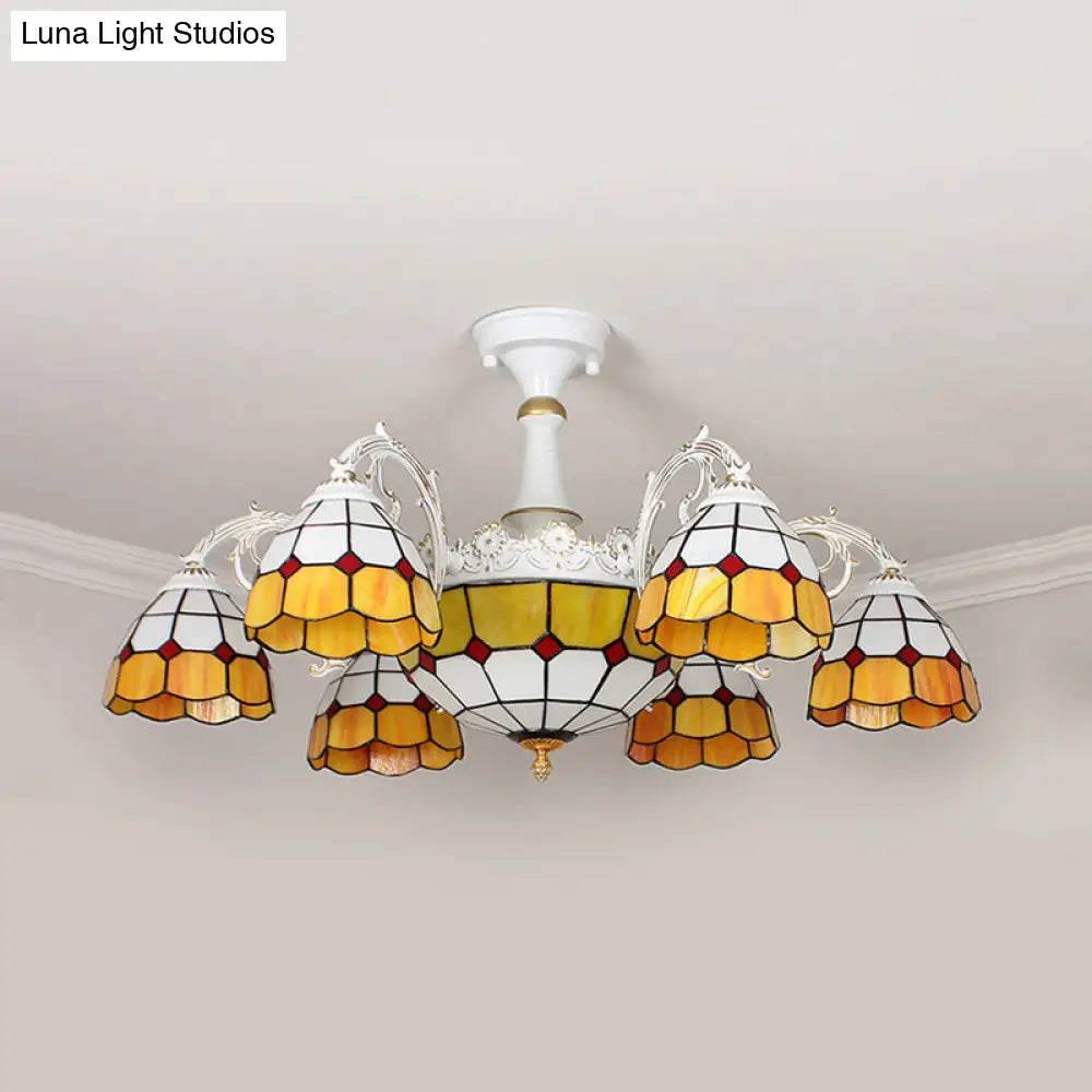 Semi Flush Baroque Ceiling Light - 9 Lights Grid Patterned Blue/Orange/Light Blue Cut Glass