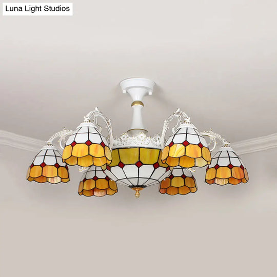 Semi Flush Baroque Ceiling Light - 9 Lights Grid Patterned Blue/Orange/Light Blue Cut Glass