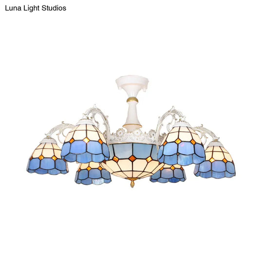 Semi Flush Baroque Ceiling Light - 9 Lights Grid Patterned Blue/Orange/Light Blue Cut Glass