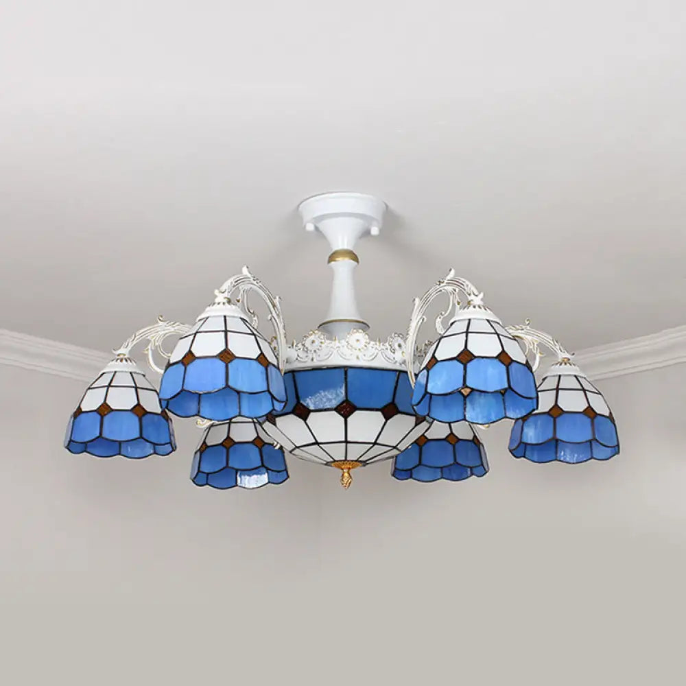 Semi Flush Baroque Ceiling Light - 9 Lights Grid Patterned Blue/Orange/Light Blue Cut Glass