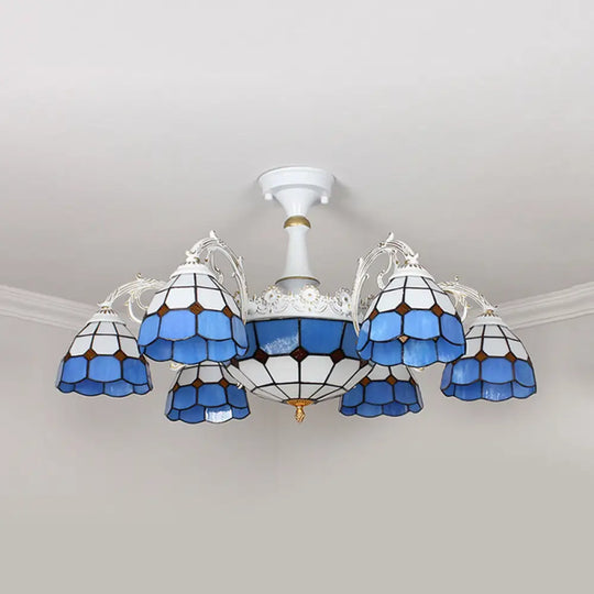 Semi Flush Baroque Ceiling Light - 9 Lights Grid Patterned Blue/Orange/Light Blue Cut Glass