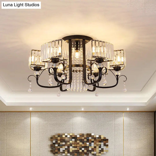 Semi Flush Black Metal Ceiling Lamp With Crystal Cuboid Shade - Swirling Arm 3/7 Heads
