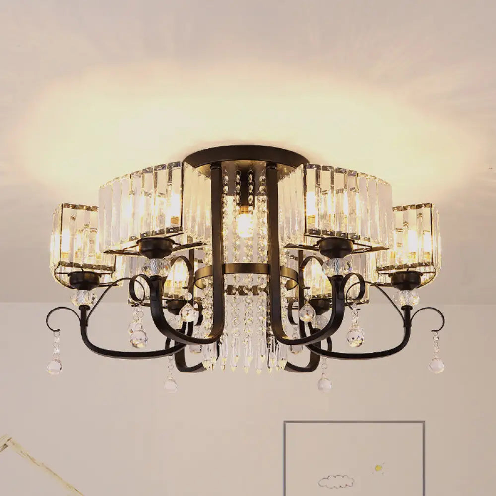 Semi Flush Black Metal Ceiling Lamp With Crystal Cuboid Shade - Swirling Arm 3/7 Heads 7 /