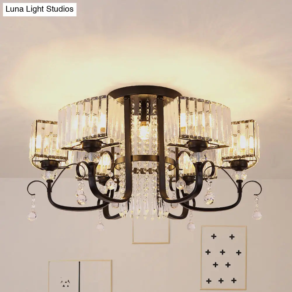 Semi Flush Black Metal Ceiling Lamp With Crystal Cuboid Shade - Swirling Arm 3/7 Heads
