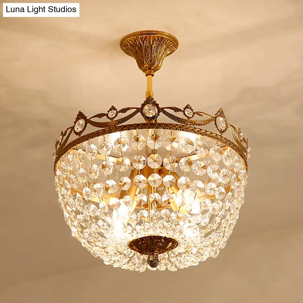 Semi-Flush Brass Crystal Ceiling Light Fixture With 4 Lights - Traditional Design For Elegant