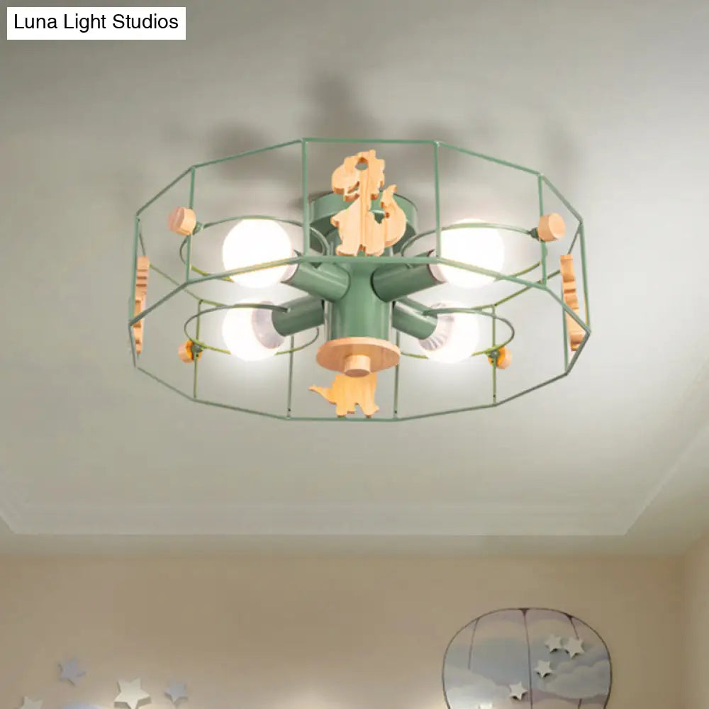 Semi Flush Cartoon Iron Drum Frame Light With 4 Green Lights - Close To Ceiling Lamp