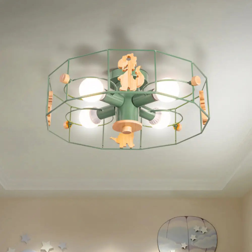 Semi Flush Cartoon Iron Drum Frame Light With 4 Green Lights - Close To Ceiling Lamp