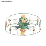 Semi Flush Cartoon Iron Drum Frame Light With 4 Green Lights - Close To Ceiling Lamp