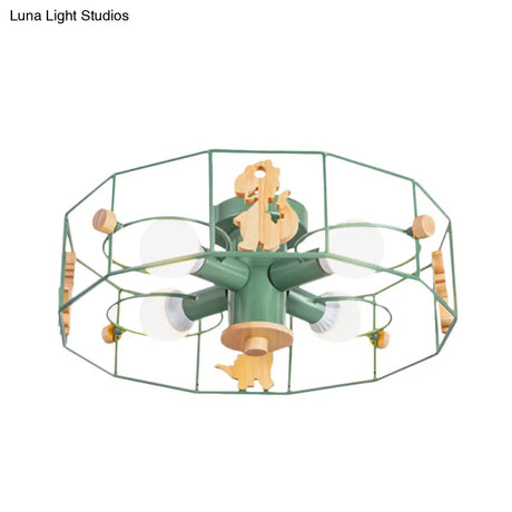 Semi Flush Cartoon Iron Drum Frame Light With 4 Green Lights - Close To Ceiling Lamp